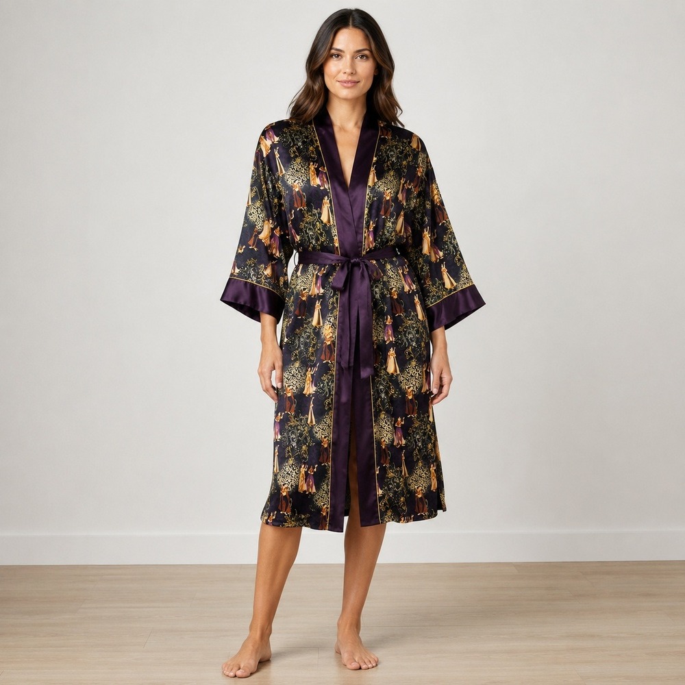 Natori Printed Kimono‎ Robe L Satin Lounge Sleepwear Tie Waist